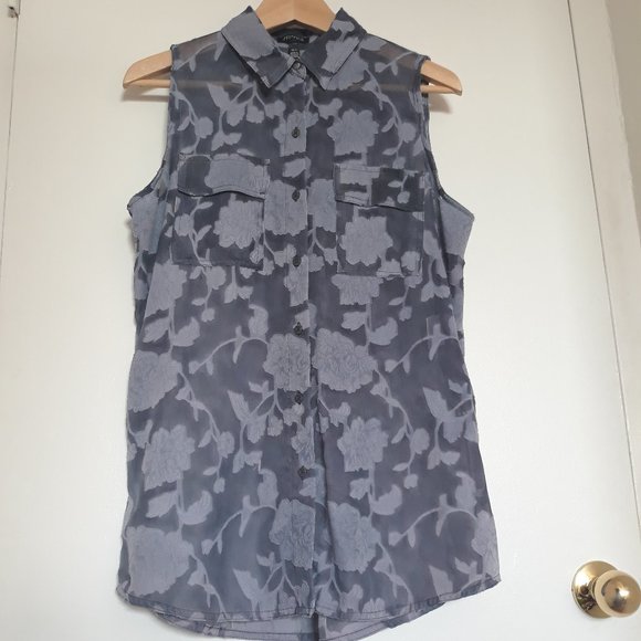 Jones New York Sleeveless Shirt, Semi-Sheer with Floral Pattern, Blue, Sz. M - Picture 1 of 10